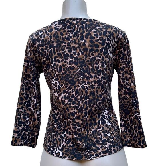 Rafaella Top Womens PS Brown Animal Print 3/4 Sleeve Cotton Zippered Shoulder - Picture 7 of 14
